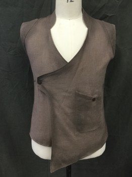 Mens, Vest, MTO, Dusty Brown, Cotton, Solid, L, Double Breasted, 2 Snaps, Mandarin Collar, Shoulder Lightly Padded Panels, Asymmetrical, Distressed