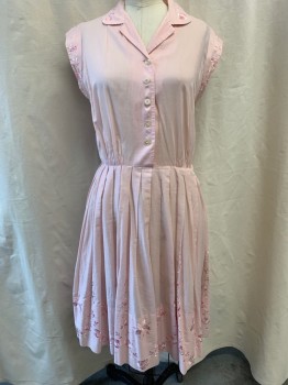 FOX117, Lt Pink, Cotton, Pink & White Floral Embroidery on Collar, Along Armhole, & Skirt, Collar Attached, Button Front, Sleeveless, A-Line, Pleated Skirt, Zip Side 
Tiny Brown Dot Stains