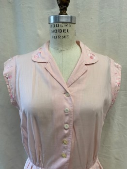 FOX117, Lt Pink, Cotton, Pink & White Floral Embroidery on Collar, Along Armhole, & Skirt, Collar Attached, Button Front, Sleeveless, A-Line, Pleated Skirt, Zip Side 
Tiny Brown Dot Stains