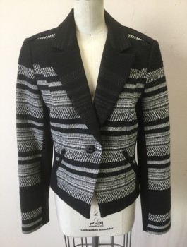 Womens, Blazer, CLASSIQUES ENTIER, Black, White, Cotton, Polyester, Stripes - Horizontal , Speckled, S, Textured Fabric with Irregular Speckled/Dashed Stripes, 1 Button, Black Self Striped/Ribbed Notched Lapel, Black Solid "Epaulette" Details at Shoulders, 2 Zip Pockets