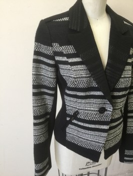 Womens, Blazer, CLASSIQUES ENTIER, Black, White, Cotton, Polyester, Stripes - Horizontal , Speckled, S, Textured Fabric with Irregular Speckled/Dashed Stripes, 1 Button, Black Self Striped/Ribbed Notched Lapel, Black Solid "Epaulette" Details at Shoulders, 2 Zip Pockets