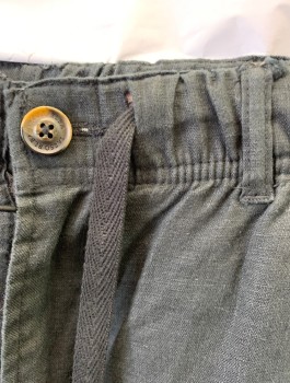 Mens, Casual Pants, TASSO ELBA ISLAND, Faded Black, Linen, Solid, S, Elastic and Drawstring Waist, Flat Front, Zip Fly, Straight Leg, 4 Pockets, **Has a Hole at Side Seam