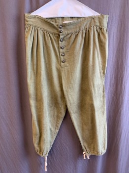 Mens, Historical Fiction Pants, M.T.O., Sage Green, Cotton, Linen, Solid, 38, Mens 1700's Knickers, Silver Button Fly, Drawstring Cuffs, Lightly Aged. Multiple