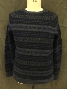 Mens, Pullover Sweater, J. CREW, Black, Gray, Blue, Wool, Stripes, L, Knit Abstract Stripe, Ribbed Knit Solid Heather Blue Crew Neck/Waistband/Cuff, Long Sleeves