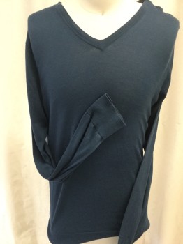 DKNY, Steel Blue, Cotton, Solid, V-neck, Long Sleeves, Thin Knit,