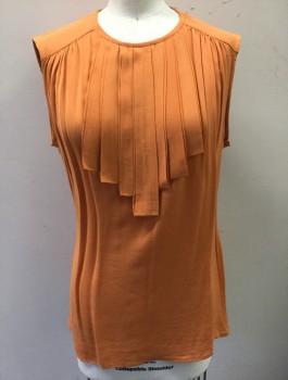 Womens, Shell, ZARA WOMAN, Orange, Rayon, Solid, S, Sleeveless, Round Neck, Vertically Pleated Art Deco Inspired Detail at Center Front Neckline, Gathered at Shoulder Seams, Pullover with 1 Button Closure Center Back Neck