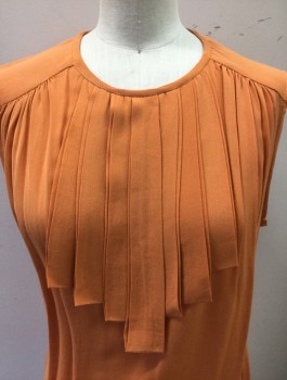 ZARA WOMAN, Orange, Rayon, Solid, Sleeveless, Round Neck, Vertically Pleated Art Deco Inspired Detail at Center Front Neckline, Gathered at Shoulder Seams, Pullover with 1 Button Closure Center Back Neck