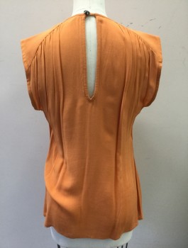 ZARA WOMAN, Orange, Rayon, Solid, Sleeveless, Round Neck, Vertically Pleated Art Deco Inspired Detail at Center Front Neckline, Gathered at Shoulder Seams, Pullover with 1 Button Closure Center Back Neck