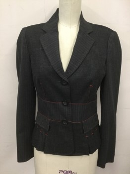MOSCHINO, Charcoal Gray, Red, White, Gray, Black, Wool, Rayon, Houndstooth, Stripes - Pin, Black/Gray Hounds-tooth Body, Pinstripe Sleeves/Collar/Lapel/Waistband/Pocket Flaps/2 Back Panels, Collar Attached, Notched Lapel, 3 Buttons,  Pleated at Front Hem, Red Stitching
