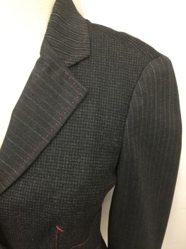 Womens, Blazer, MOSCHINO, Charcoal Gray, Red, White, Gray, Black, Wool, Rayon, Houndstooth, Stripes - Pin, XS, Black/Gray Hounds-tooth Body, Pinstripe Sleeves/Collar/Lapel/Waistband/Pocket Flaps/2 Back Panels, Collar Attached, Notched Lapel, 3 Buttons,  Pleated at Front Hem, Red Stitching