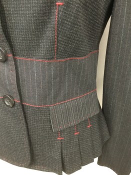 MOSCHINO, Charcoal Gray, Red, White, Gray, Black, Wool, Rayon, Houndstooth, Stripes - Pin, Black/Gray Hounds-tooth Body, Pinstripe Sleeves/Collar/Lapel/Waistband/Pocket Flaps/2 Back Panels, Collar Attached, Notched Lapel, 3 Buttons,  Pleated at Front Hem, Red Stitching