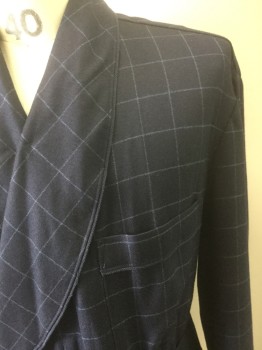 Mens, Bathrobe, STERLING, Navy Blue, Blue, Cashmere, Plaid-  Windowpane, M, Self Belt, 3 Pockets, Piping on Shawl Collar, Cuffs on Sleeves, Lined,