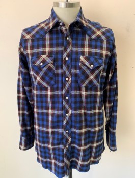 Mens, Casual Shirt, WRANGLER, Black, Royal Blue, Cranberry Red, White, Cotton, Plaid, XLT, Thick Flannel, Western Style, Long Sleeves, Snap Front, Collar Attached, Western Style Pointed Yoke, 2 Pockets with Pointed Flaps and Snap Closures