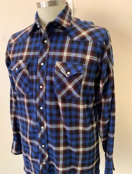 WRANGLER, Black, Royal Blue, Cranberry Red, White, Cotton, Plaid, Thick Flannel, Western Style, Long Sleeves, Snap Front, Collar Attached, Western Style Pointed Yoke, 2 Pockets with Pointed Flaps and Snap Closures