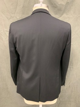 Mens, Suit, Jacket, BROOKS BROTHERS, Black, Wool, Solid, 44R, Single Breasted, Collar Attached, Notched Lapel, 3 Pockets, 2 Buttons