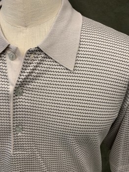 PAOLO VALENZI, Silver, Black, Cotton, Geometric, Honeycomb Pattern, 3 Button Placket, Short Sleeves, Solid Silver Ribbed Knit Collar Attached