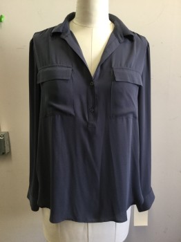 ANN KLEIN, Gray, Polyester, Solid, Long Sleeves, Button Placket, Collar Attached, 2 Pockets, Pullover,