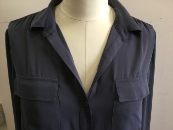 Womens, Top, ANN KLEIN, Gray, Polyester, Solid, L, Long Sleeves, Button Placket, Collar Attached, 2 Pockets, Pullover,