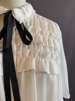 Womens, Blouse, ZARA BASIC, Off White, Black, Polyester, Solid, XS, Short Sleeves, Button Front, Ruffled Collar Attached, Black Ribbon at Neckline, Pleated Rows at Bust