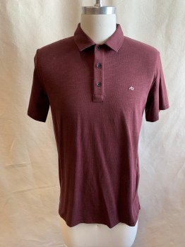 Mens, Polo, RAG & BONE, Red Burgundy, Cotton, Solid, Heathered, S, Collar Attached, 3 Black Buttons, Half Placket, Short Sleeves