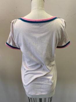 Womens, Top, J CREW, Baby Pink, Turquoise Blue, Pink, Poly/Cotton, Color Blocking, XS, Tshirt Jersey, Bateau/Boat Neck, Short Sleeves, Rib Knit Collar and Cuffs
