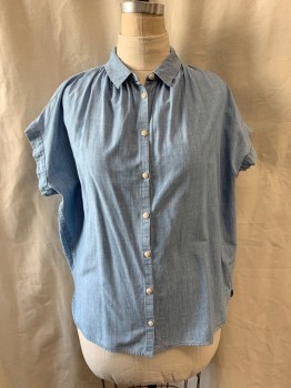 Womens, Blouse, MADEWELL, Denim Blue, Cotton, L, Collar Attached, Button Front, Cap Sleeve