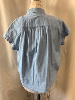 Womens, Blouse, MADEWELL, Denim Blue, Cotton, L, Collar Attached, Button Front, Cap Sleeve