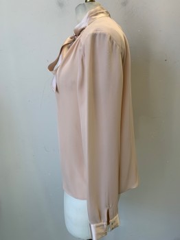 Womens, Blouse, ALICE & OLIVIA, Blush Pink, Silk, Solid, XS, Pullover, Long Sleeves, Satin Pussy Bow and Button Cuffs, V-neck, Has Stain on Left Shoulder See Detail Photo,
