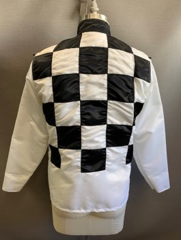 Unisex, Windbreaker, WHIPS INTERNATIONAL, White, Black, Polyester, Color Blocking, C:42, Jockey Jacket, Checkerboard Panels At Front, Snap Closures, Stand Collar, Black "Bow Tie" At Front