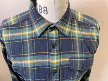 PATAGONIA, Green, Navy Blue, Tan Brown, White, Cotton, Plaid, Long Sleeves, Button Front, Collar Attached, 1 Pocket,