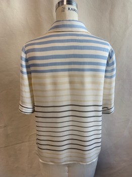Womens, Blouse, L'AGENCE, Off White, Baby Blue, Beige, Gray, Silk, Stripes, B36, Collar Attached, Button Front, Short Sleeves, Folded Cuffs *Small Black Stain on Left Chest*