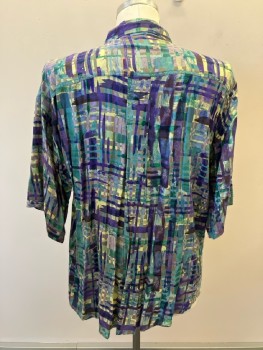 GOOUCH, Purple, Turquoise Blue, Lt Yellow, Rayon, Abstract , B.F., S/S, C.A., 1 Pckt,