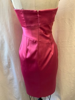 Womens, Cocktail Dress, MAGGY BOUTIQUE, Raspberry Pink, Acetate, Nylon, Solid, 4, Strapless, Square Neckline, Large Attached Waist Band, Vertical Bow, Zip Back, Midi