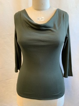 Womens, Top, 3 DOTS, Dk Olive Grn, Cotton, Modal, Solid, L, Cowl,  3/4 Sleeve
