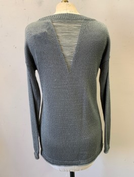 Womens, Pullover, TOP SHOP, Gray, Acrylic, Polyester, Solid, Sz.2, Knit, L/S, Wide Crew Neck with Triangular Cutout with Horizontal Threads, Identical Panel in Back