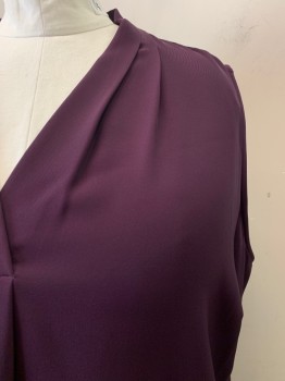 Womens, Blouse, CALVIN KLEIN, Dk Purple, Polyester, Spandex, Solid, 2XL, V-N, Slvls, Pleated Neck