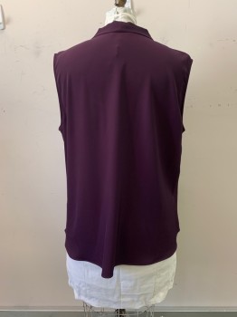 Womens, Blouse, CALVIN KLEIN, Dk Purple, Polyester, Spandex, Solid, 2XL, V-N, Slvls, Pleated Neck