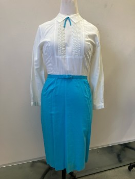 N/L, Dress - White Cotton L/S, Bodice, Pointed Collar, Lace Ruffles CF, Turquoise Neck Tie & Long Straight Skirt * Matching BELT
