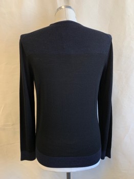 Mens, Pullover Sweater, THEORY, Black, Wool, Solid, L, V-N, Blue Weaving At Neck, Shoulders, And Cuffs