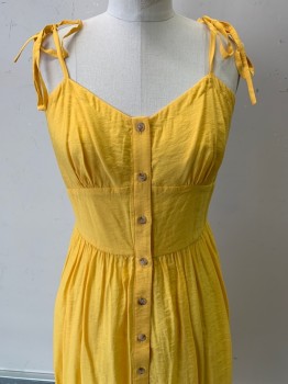 Whistles, Yellow, Polyester, Cotton, Solid, Bow Straps, Button Front, V Neck, Pleated Bottom