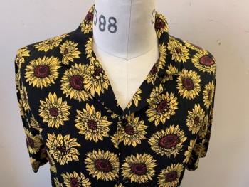 FOREVER 21 MEN, Black, Yellow, Brown, Rayon, Floral, Short Sleeves, Button Front, Collar Attached, Sunflowers