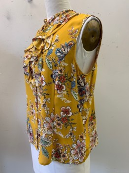 Womens, Blouse, TAHARI, Mustard Yellow, Lt Beige, Blue, Sage Green, Raspberry Pink, Polyester, Floral, XL, Sleeveless, Crew Neck, Ruffled Chest, Button Front,
