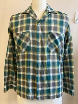 Mens, Shirt, N/L, 34, 15.5, Dk Teal/ Multi-color, Plaid, C.A., B.F., L/S, 2 Pocket
