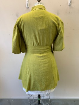 Womens, Dress, Short Sleeve, ZARA, Chartreuse Green, Cotton, Polyamide, Stripes, XL, Large Puff S/S, C.A., Button Front, Self Stripe, Matching Belt with Large Buckle
