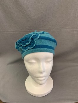 NANETTE LEPORE, Turquoise Blue, Teal Blue, Cashmere, Stripes - Horizontal , Knit Beret, Applique Crochet Flower