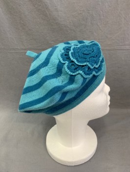 NANETTE LEPORE, Turquoise Blue, Teal Blue, Cashmere, Stripes - Horizontal , Knit Beret, Applique Crochet Flower