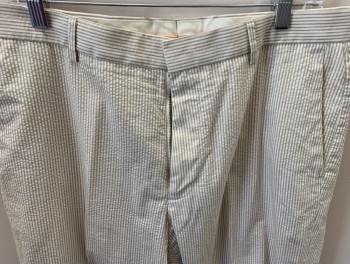 J CREW, Khaki Brown, White, Cotton, Stripes - Vertical , F.F, Seersucker, Slant Pockets