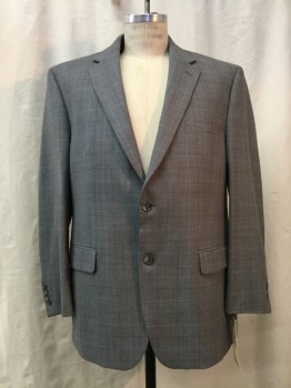 Mens, Sportcoat/Blazer, CALVIN KLEIN, Heather Gray, Dusty Blue, Dk Gray, Wool, Plaid, 43 R, Heather Gray, Dusty Blue & Dark Gray Plaid, Notched Lapel, Collar Attached, 2 Buttons,  3 Pockets,