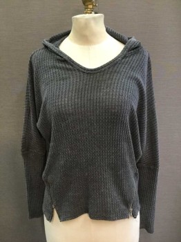 Womens, Top, VINTAGE HAVANA, Charcoal Gray, Cotton, Polyester, Heathered, Small, Long Sleeves, Hood, Zip Details, Waffle Knit, U-neck