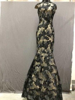 Womens, Evening Gown, VAVA VOOM, Black, Polyester, Sequins, Floral, Abstract , 25, 32, 34, Black Tulle Over Lt Beige, Ribbon Applique, Sequin Sprays, High Neck, Cap Sleeves, Sleeve, Skirt Fitted To Knee With Flared Hem